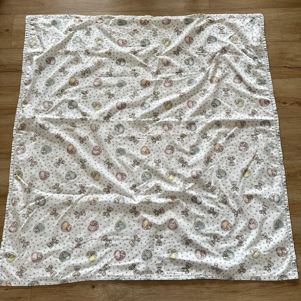 VTG 90s Hand Sewn Precious Moments Flannel Baby Blanket Bears Hearts White 45x44